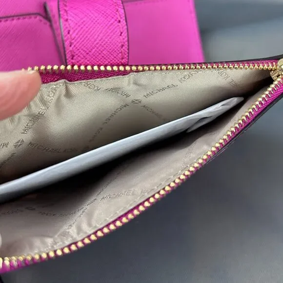 Michael Kors Pink Fuschia Leather Jet Set Travel Double Zip Wristlet Wallet - Picture 11 of 16